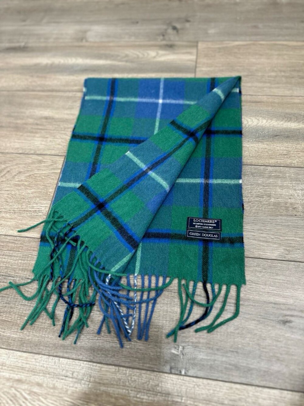 Lochmere Green Douglas Merino Wool Cashmere Plaid Fringe Scarf